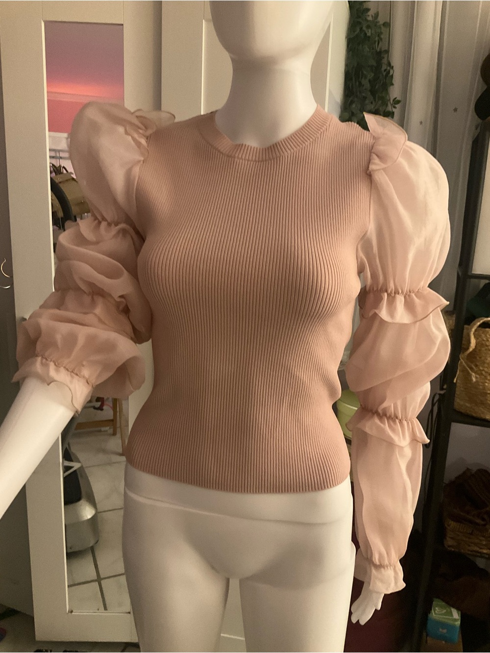 Zara Blush Pink Ribbed Knit Top with Sheer Puff Sleeves